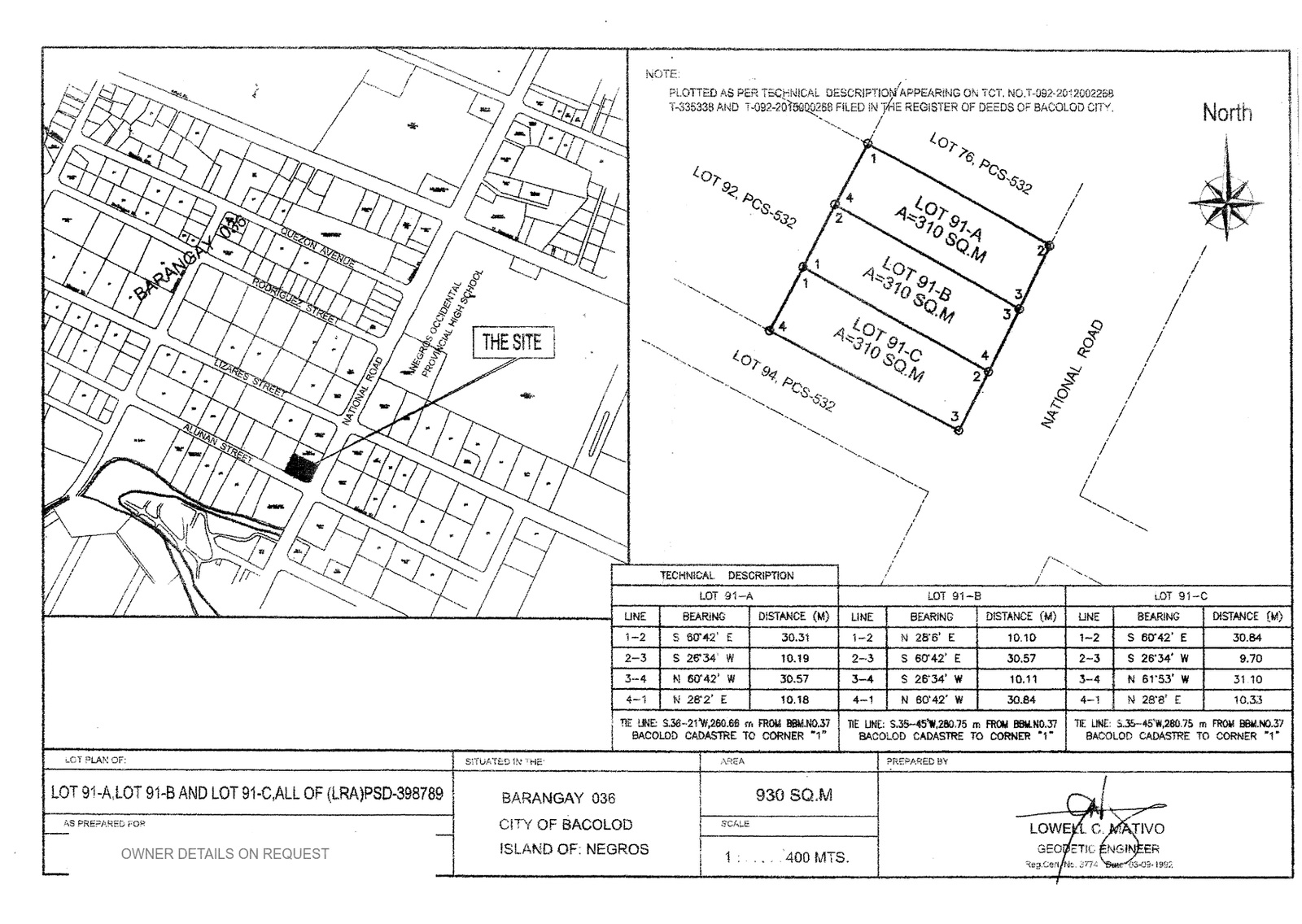 Approved lot plan showing Lots 91-A, 91-B and 91-C with bearings and distances